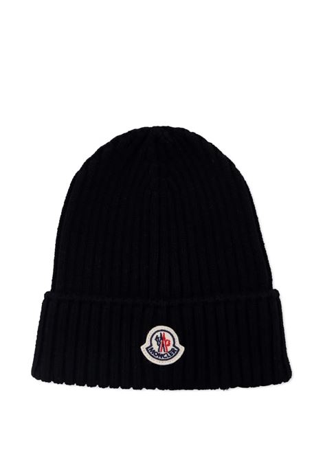 Berretto In Lana a Costine Nera Con Patch Logo MONCLER ENFANT | 954-3B00009 M1131999